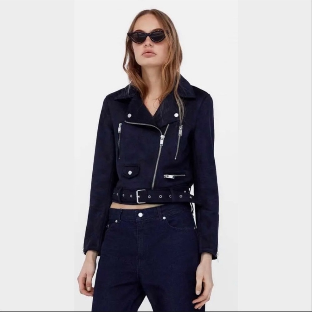 ZARA BASIC BLUE FAUX SUEDE FULL ZIP BELTED CROP MOTORCYCLE JACKET